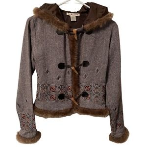 Forever 21 Vintage Wool Long Sleeve Embroidered Toggle Jacket Hoodie Sz Small